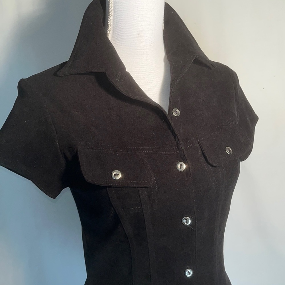 Mystic Sueded Polyester Button Front Cap Sleeve Shirt